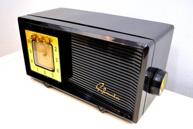 SOLD! - Feb 12, 2020 - Ebony Black Space Age 1955 Sylvania R5485-9211 Tube AM Clock Alarm Radio Almost Pristine Condition!