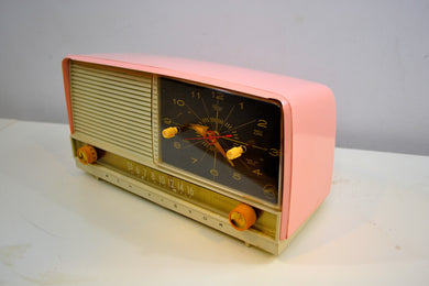 Pretty in Pink and White 1956 RCA Victor 8-C-7FE Vintage Tube AM Clock Radio Works Great!