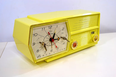 SOLD! - Feb 24, 2019 - Meringue Yellow RCA Victor 8-C-6M Clock Radio 1959 Tube AM Clock Radio