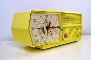 SOLD! - Feb 24, 2019 - Meringue Yellow RCA Victor 8-C-6M Clock Radio 1959 Tube AM Clock Radio - [product_type} - RCA Victor - Retro Radio Farm