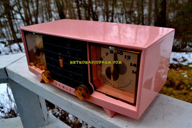 SOLD! - Mar 29, 2018 - FAIRLANE PINK and Black Mid Century Retro Jetsons Vintage 1956 Zenith Z519V AM Tube Clock Radio Works Great!