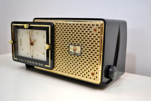 SOLD! - Feb 21, 2020 - Luxor Black and Gold 1957 Bulova Model 120 Tube AM Clock Radio Excellent Condition!! - [product_type} - Bulova - Retro Radio Farm