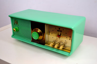 SOLD! - Nov 4, 2019 - Sea Green 1957 Motorola Model 56CC Tube AM Clock Radio Excellent Condition Sounds Great!