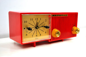 SOLD! - Feb 28, 2020 - Cardinal Red 1956 Motorola 56CS3A Vacuum Tube AM Clock Retro Radio Rare Color! - [product_type} - Motorola - Retro Radio Farm