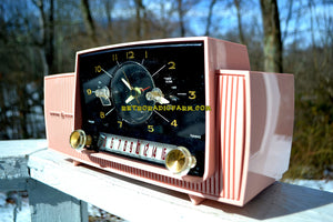 SOLD! - Mar 5, 2018 - ROSE PINK Mid Century Jetsons 1959 General Electric Model 915 Tube AM Clock Radio Near Mint!