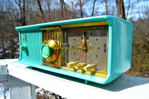 SOLD! - May 17, 2018 - VIVID Turquoise Retro Jetsons 1957 Motorola 57CC Tube AM Clock Radio Excellent! - [product_type} - Motorola - Retro Radio Farm