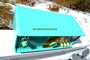 SOLD! - May 17, 2018 - VIVID Turquoise Retro Jetsons 1957 Motorola 57CC Tube AM Clock Radio Excellent! - [product_type} - Motorola - Retro Radio Farm