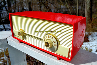 SOLD! - July 21, 2018 - VERY BERRY RED 1959 Admiral 275 Tube AM Clock Radio Awesome Design Sounds Great! Rare Color!
