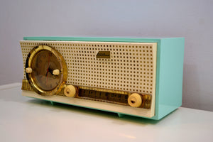 Skymist Blue Turquoise 1959 Truetone D2801 Tube AM Clock Radio Dashboard Looking Front! - [product_type} - Truetone - Retro Radio Farm