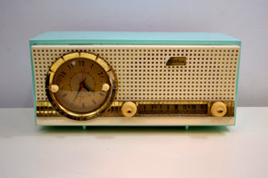Skymist Blue Turquoise 1959 Truetone D2801 Tube AM Clock Radio Dashboard Looking Front! - [product_type} - Truetone - Retro Radio Farm