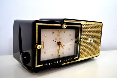 SOLD! - Mar 8, 2019 - Luxor Black 1957 Bulova Model 120 Tube AM Clock Radio Excellent Condition!