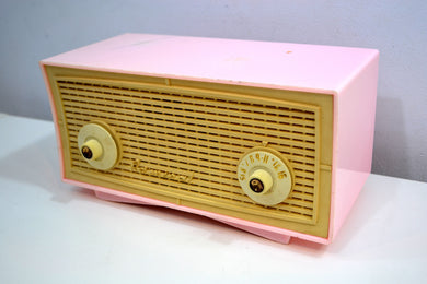 Vintage Rose Pink and White 1955 Admiral 5C4 AM Clock Radio Works Great!