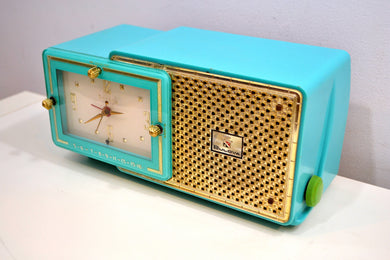 Faberge Turquoise and Gold 1957 Bulova Model 100 AM Clock Radio Simply Fabulous!