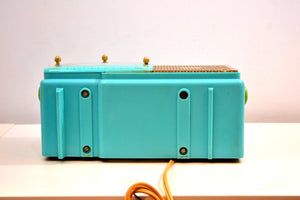 Faberge Turquoise and Gold 1957 Bulova Model 100 AM Clock Radio Simply Fabulous! - [product_type} - Bulova - Retro Radio Farm