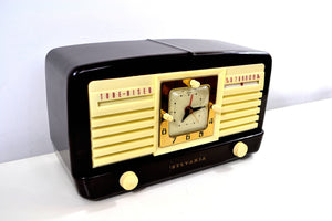 SOLD! - June 12, 2019 - Classic 1952 Dark Brown and Ivory Vintage Sylvania Model 540M AM Tube Clock Radio Near Mint Looks Sounds Heavenly! - [product_type} - Sylvania - Retro Radio Farm
