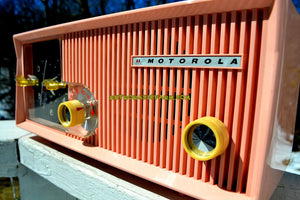 SOLD! - April 3, 2018 - CAPRI PINK Mid Century Retro Vintage Antique Motorola 1957 Model 5C13P Clock Radio Tube AM Clock Radio Wow! - [product_type} - Motorola - Retro Radio Farm