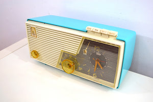Sky Blue and White 1956 Emerson Model 883 Series B Tube AM Clock Radio Mid Century Rare Color Sounds Great! - [product_type} - Emerson - Retro Radio Farm