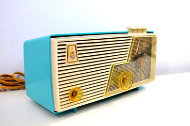 Sky Blue and White 1956 Emerson Model 883 Series B Tube AM Clock Radio Mid Century Rare Color Sounds Great!