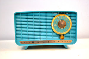 Egyptian Turquoise and Gold 1957 Bulova Deluxe Lyric Model 320 AM Clock Radio Simply Fabulous! - [product_type} - Bulova - Retro Radio Farm