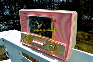 SOLD! - Mar 28, 2018 - BLUETOOTH MP3 UPGRADE ADDED - POWDER PINK Retro Jetsons Vintage 1957 RCA Victor Model 1-RD-63 AM Tube Clock Radio Has Issues But Pretty!