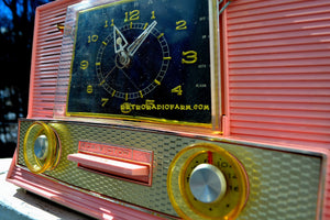 SOLD! - Mar 28, 2018 - BLUETOOTH MP3 UPGRADE ADDED - POWDER PINK Retro Jetsons Vintage 1957 RCA Victor Model 1-RD-63 AM Tube Clock Radio Has Issues But Pretty! - [product_type} - RCA Victor - Retro Radio Farm