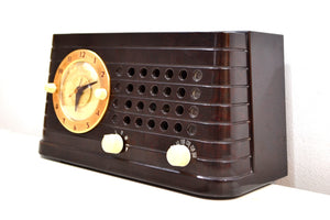 Merrimack Brown Bakelite Art Deco Post War 1949 Telechron Model 8H59 Tube AM Clock Radio First Clock Radio! - [product_type} - Telechron - Retro Radio Farm