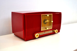 SOLD! - Apr 26, 2019 - Ruby Red 1953 General Electric Model 548PH AM Clock Radio Popular Model Sounds Fantastic! - [product_type} - General Electric - Retro Radio Farm