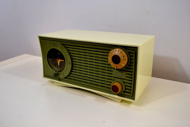 SOLD! - Apr 18, 2019 - Avocado Green and Ivory Vintage 1959 Admiral Y1189 AM Clock Radio