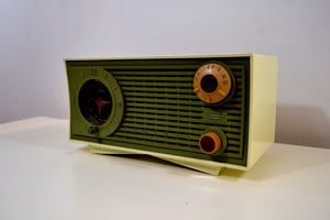 SOLD! - Apr 18, 2019 - Avocado Green and Ivory Vintage 1959 Admiral Y1189 AM Clock Radio - [product_type} - Admiral - Retro Radio Farm
