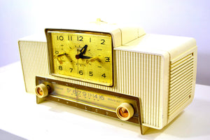 SOLD! - Dec 2, 2019 - VERSAILLES Ivory and Gold 1959 Philco Model F760-124 Tube AM Clock Radio Bells and Whistles!