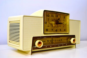 SOLD! - Dec 2, 2019 - VERSAILLES Ivory and Gold 1959 Philco Model F760-124 Tube AM Clock Radio Bells and Whistles! - [product_type} - Philco - Retro Radio Farm