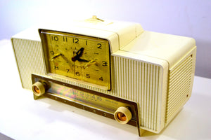 SOLD! - Dec 2, 2019 - VERSAILLES Ivory and Gold 1959 Philco Model F760-124 Tube AM Clock Radio Bells and Whistles! - [product_type} - Philco - Retro Radio Farm