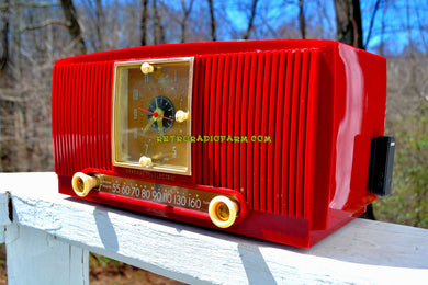 SOLD! - Aug 3, 2018 - BLUETOOTH MP3 Ready - CRIMSON RED Mid Century 1954 General Electric Model 548PH Tube AM Clock Radio Looks Great!