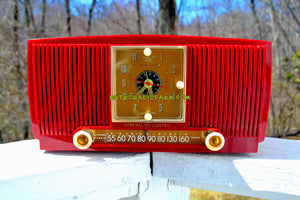 SOLD! - Aug 3, 2018 - BLUETOOTH MP3 Ready - CRIMSON RED Mid Century 1954 General Electric Model 548PH Tube AM Clock Radio Looks Great! - [product_type} - General Electric - Retro Radio Farm
