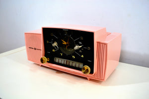 SOLD! - May 3, 2019 - Rose Pink 1959 General Electric Model C-4340 Tube AM Clock Radio Perfect!