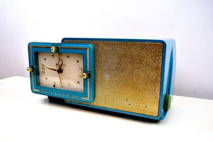 SOLD! - Aug 28, 2019 - Turquoise and Gold 1959 Bulova Model 100 AM Antique Clock Radio Simply Fabulous! - [product_type} - Bulova - Retro Radio Farm