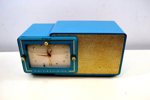 SOLD! - Aug 28, 2019 - Turquoise and Gold 1959 Bulova Model 100 AM Antique Clock Radio Simply Fabulous! - [product_type} - Bulova - Retro Radio Farm