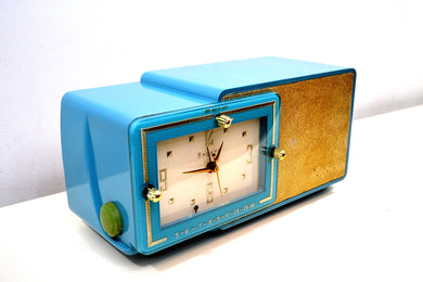 SOLD! - Aug 28, 2019 - Turquoise and Gold 1959 Bulova Model 100 AM Antique Clock Radio Simply Fabulous!