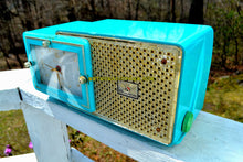 Load image into Gallery viewer, SOLD! - May 13, 2018 - BRIGHT SEAFOAM GREEN Retro Jetsons 1957 Bulova Model 120 Tube AM Clock Radio Excellent Working Condition! - [product_type} - Bulova - Retro Radio Farm