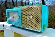Load image into Gallery viewer, SOLD! - May 13, 2018 - BRIGHT SEAFOAM GREEN Retro Jetsons 1957 Bulova Model 120 Tube AM Clock Radio Excellent Working Condition! - [product_type} - Bulova - Retro Radio Farm
