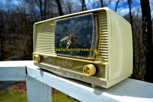 SOLD! - July 28, 2018 - ALL IVORY Mid Century Retro 1956 RCA Victor 9-C-7LE Tube AM Clock Radio Totally Restored and Sounds Great! - [product_type} - RCA Victor - Retro Radio Farm