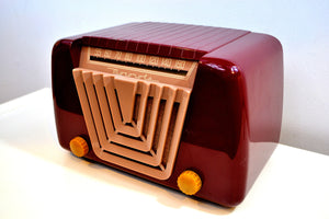 SOLD! - June 21, 2019 - Bordeaux Burgundy 1949 Motorola Model 68X-11Q Vintage Tube AM Clock Radio Art Deco Classic!