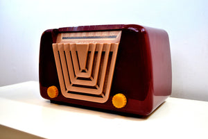 SOLD! - June 21, 2019 - Bordeaux Burgundy 1949 Motorola Model 68X-11Q Vintage Tube AM Clock Radio Art Deco Classic! - [product_type} - Motorola - Retro Radio Farm