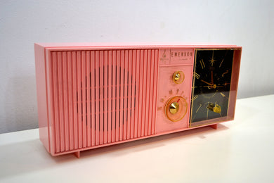 SOLD! - Apr 30, 2019 - Petal Pink 1960s Emerson Lifetimer I Tube AM Clock Radio Mid Century Beauty!