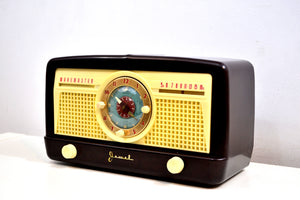 Mocha Brown Bakelite 1950 Jewel Wakemaster Model 5057U Vacuum Tube AM Clock Radio The Master Awaketh! - [product_type} - Jewel - Retro Radio Farm