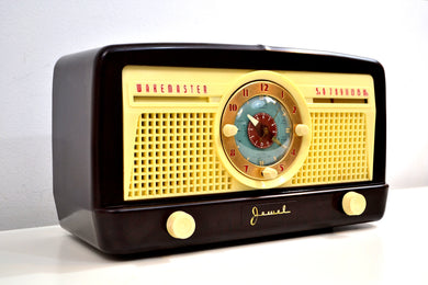 Mocha Brown Bakelite 1950 Jewel Wakemaster Model 5057U Vacuum Tube AM Clock Radio The Master Awaketh!