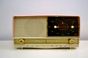 Powder Pink and White 1956 RCA Victor 8-C-7FE Vintage Tube AM Clock Radio Works Great! - [product_type} - RCA Victor - Retro Radio Farm