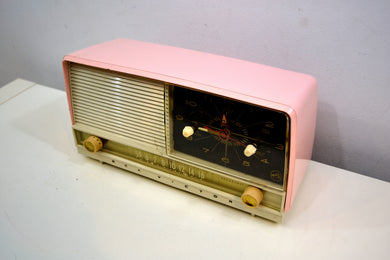 Powder Pink and White 1956 RCA Victor 8-C-7FE Vintage Tube AM Clock Radio Works Great!