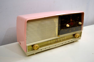 Powder Pink and White 1956 RCA Victor 8-C-7FE Vintage Tube AM Clock Radio Works Great! - [product_type} - RCA Victor - Retro Radio Farm