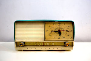 Monterey Turquoise and White 1956 RCA Victor 8-C-7 Vintage Tube AM Clock Radio Real Looker! - [product_type} - RCA Victor - Retro Radio Farm